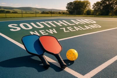 Pickleball paddles and ball on a court in Southland, New Zealand