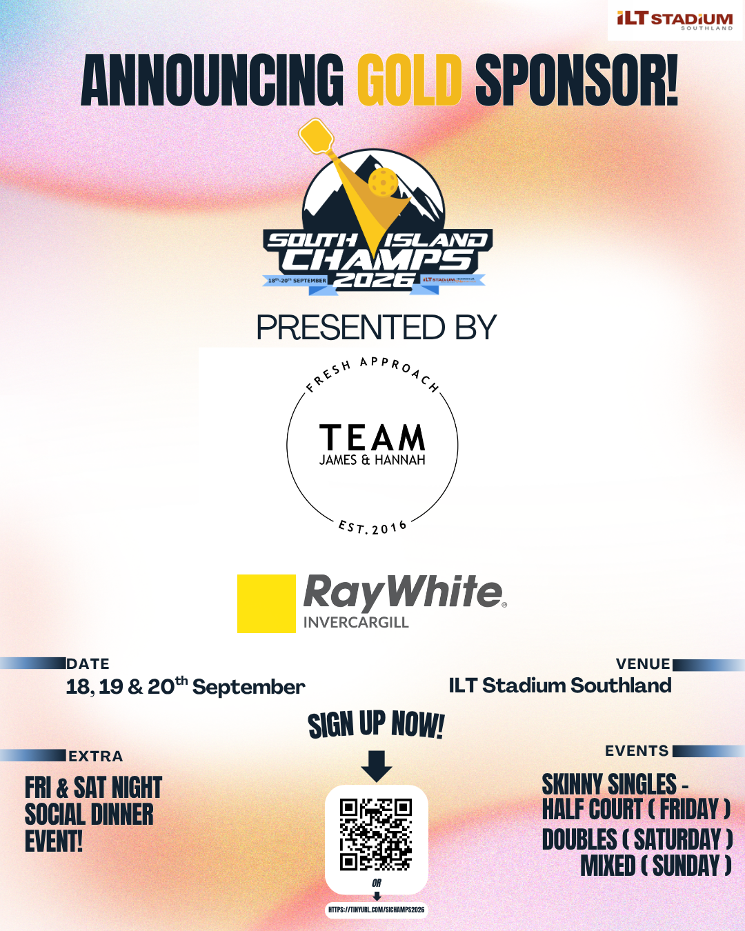 South Island Pickleball Champs 2026 at ILT Stadium Southland – Gold Sponsor Team James and Hannah Ray White Invercargill