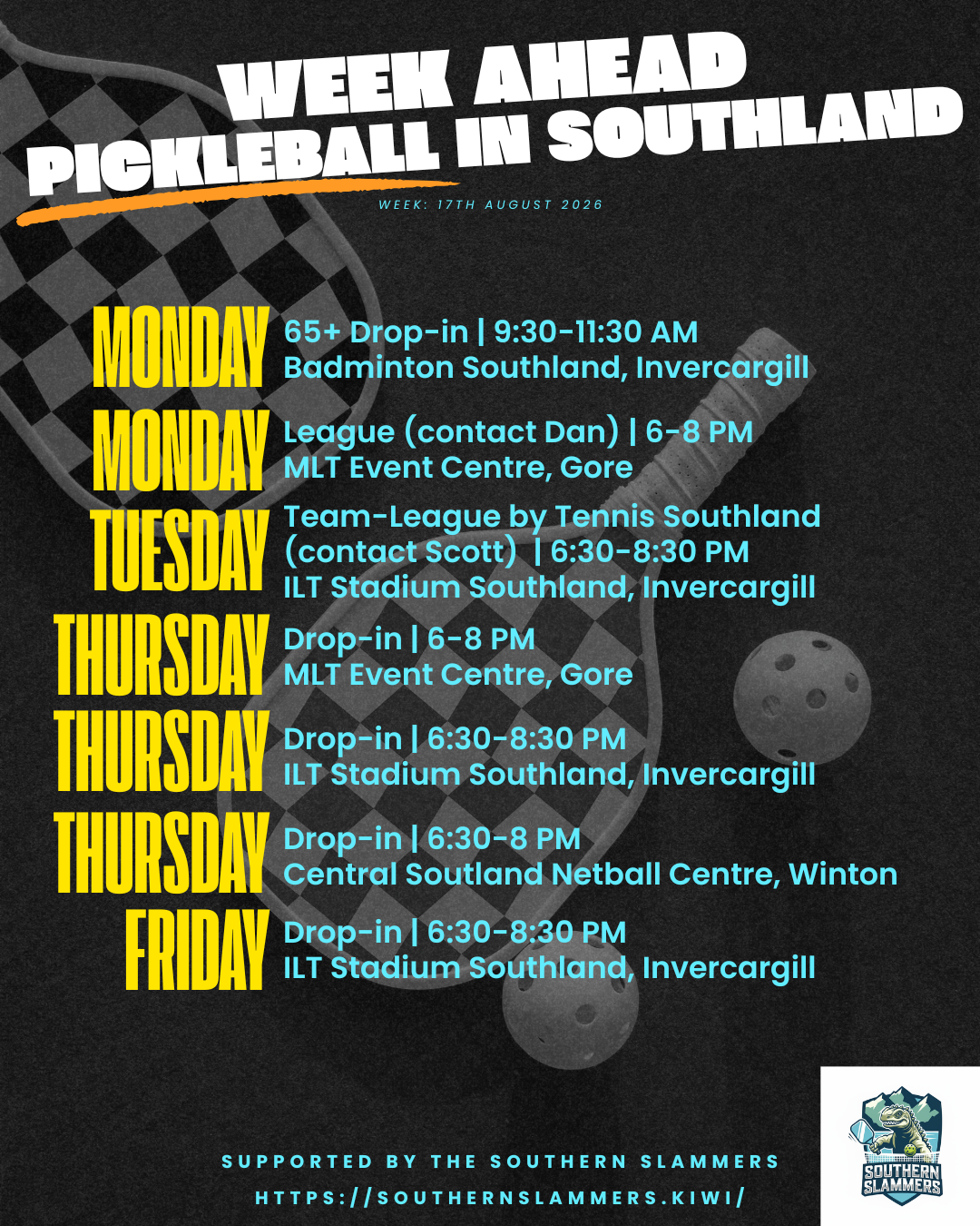 Pickleball sessions in Southland Murihiku – weekly schedule for the week of 17 August 2026 including Invercargill, Gore, Winton and Te Anau