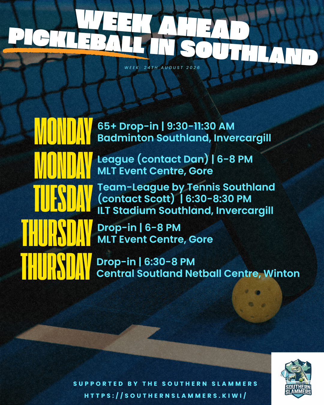 Pickleball sessions in Southland Murihiku – weekly schedule for the week of 24 August 2026 including Gore, Winton and Te Anau