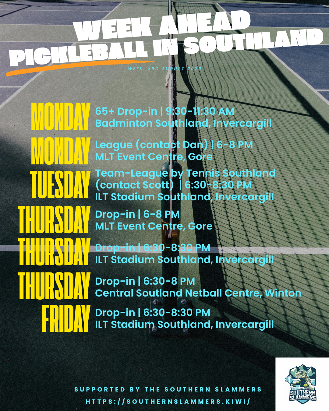 Pickleball sessions in Southland Murihiku – weekly schedule for the week of 3 August 2026 including Invercargill, Gore, Winton and Te Anau