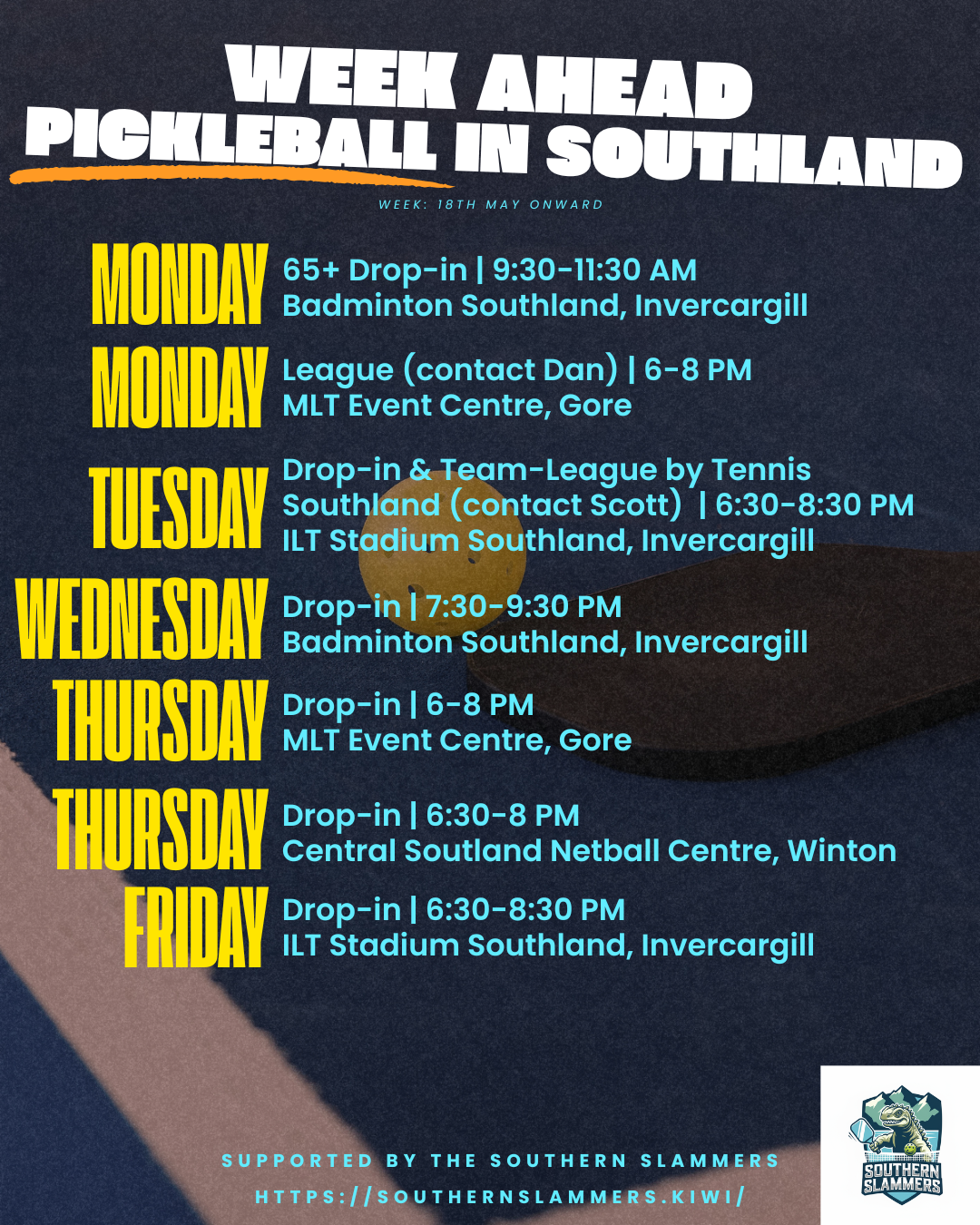 Pickleball sessions in Southland Murihiku – weekly schedule for the week of 18 May 2026 including Invercargill, Gore, Winton and Te Anau