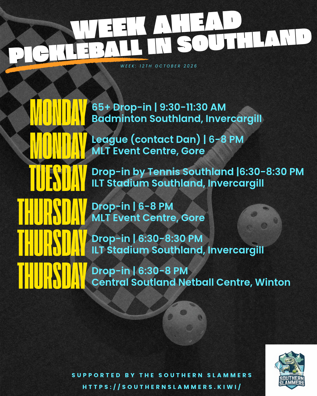 Pickleball sessions in Southland Murihiku – weekly schedule for the week of 12 October 2026 including Invercargill, Gore, Winton and Te Anau