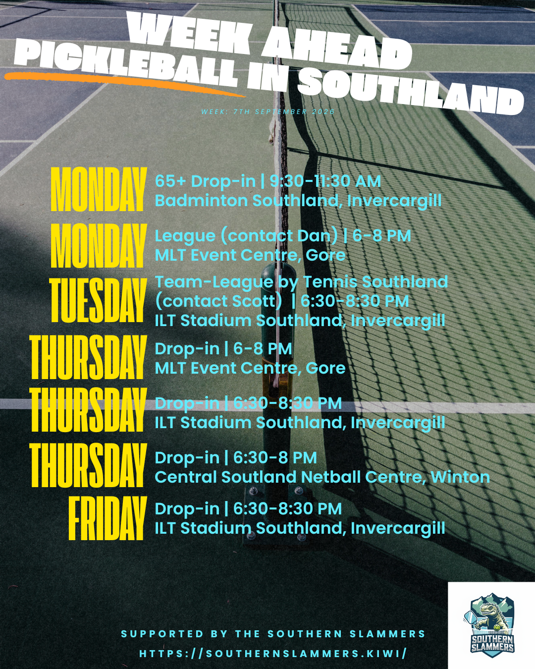 Pickleball sessions in Southland Murihiku – weekly schedule for the week of 7 September 2026 including Invercargill, Gore, Winton and Te Anau